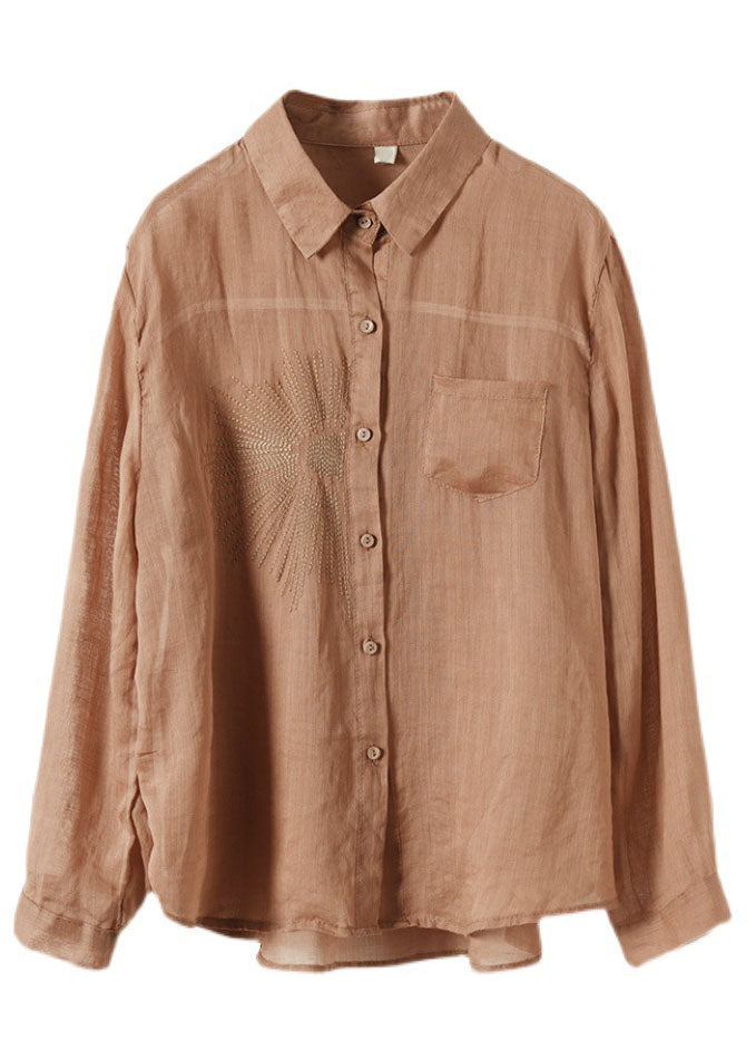 Classy Khaki Embroideried Ramie Top Long Sleeve