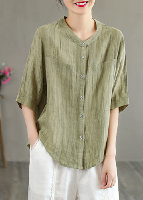 Classy Khaki O-neck Button Color Wrinkled Linen Shirt Top Half Sleeve