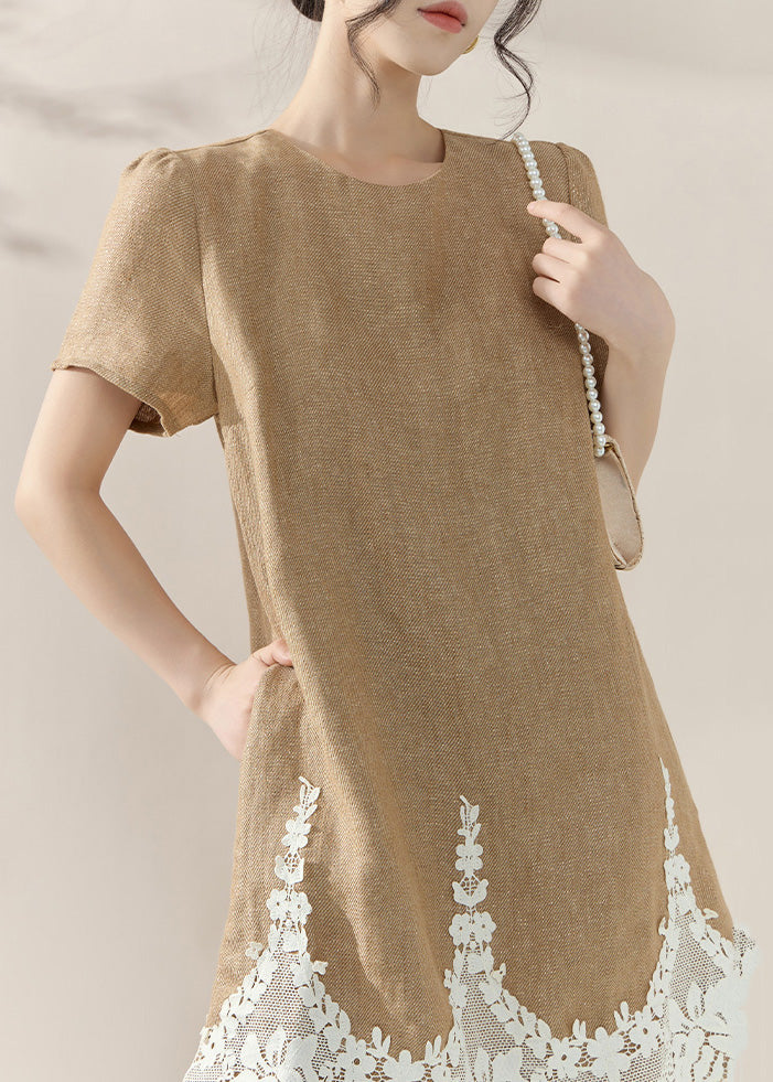 Classy Khaki O-neck Lace Patchwork Mid Dresses Summer
