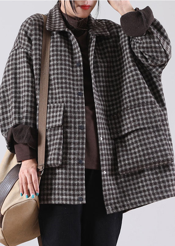 Classy Khaki Peterpan Collar Plaid Warm Fleece Winter Coat