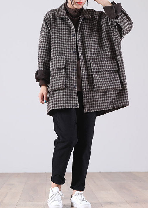 Classy Khaki Peterpan Collar Plaid Warm Fleece Winter Coat