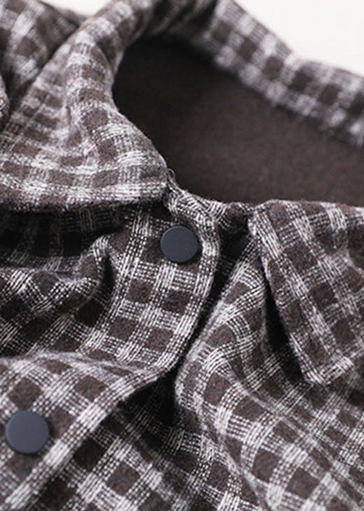 Classy Khaki Peterpan Collar Plaid Warm Fleece Winter Coat