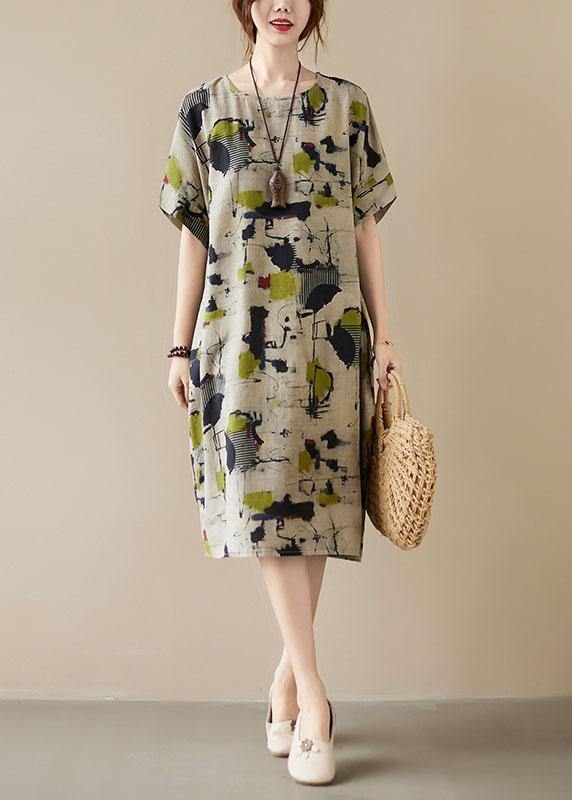 Classy Khaki Print O-neck Pockets Summer Maxi Dresses Half Sleeve