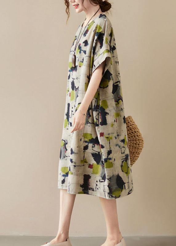 Classy Khaki Print O-neck Pockets Summer Maxi Dresses Half Sleeve