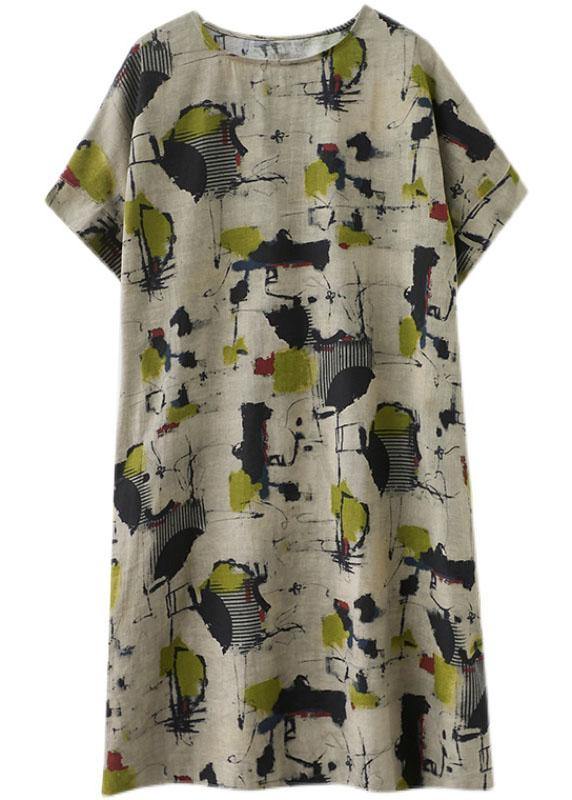 Classy Khaki Print O-neck Pockets Summer Maxi Dresses Half Sleeve