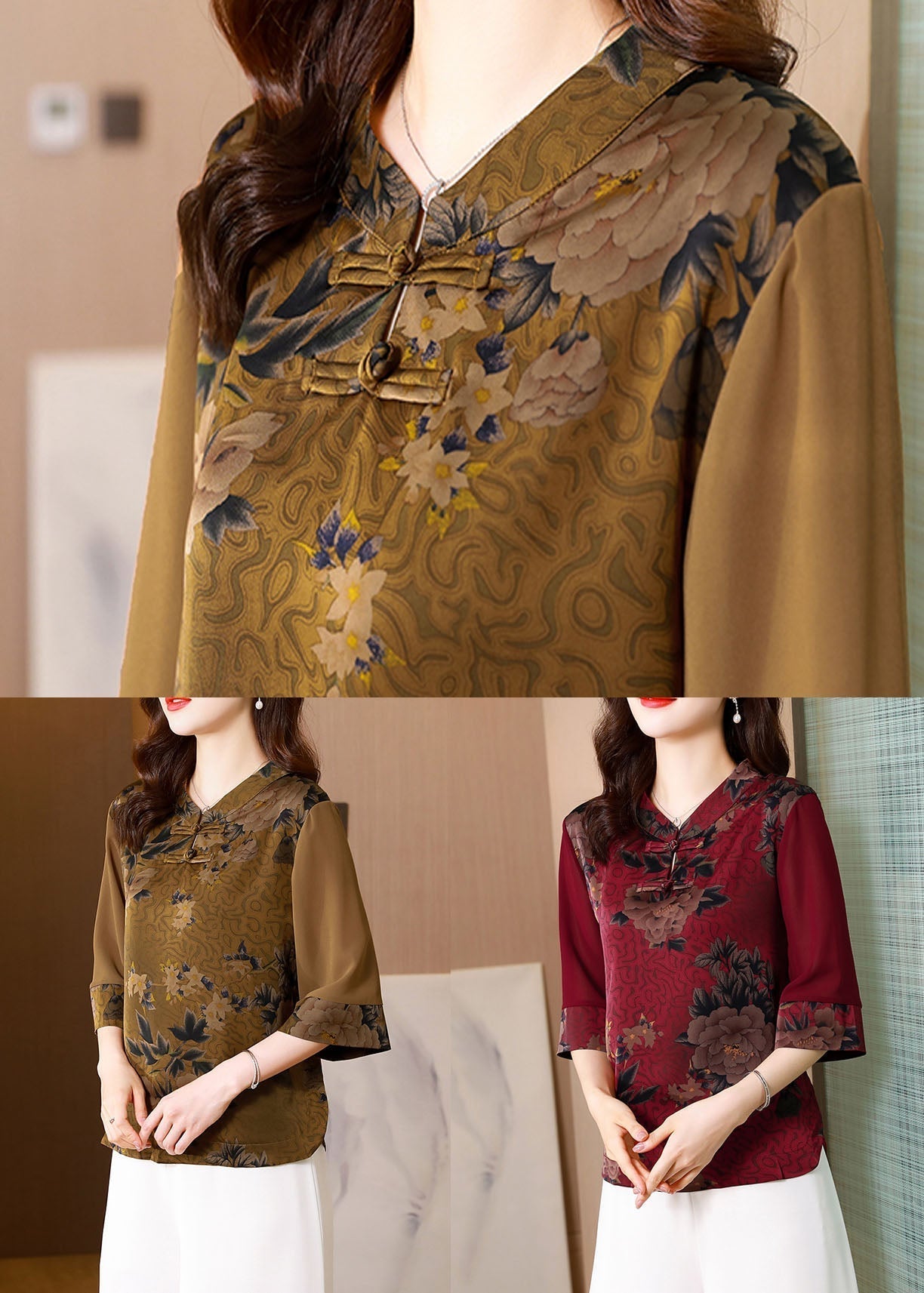 Classy Khaki Stand Collar Print Patchwork Silk Top Half Sleeve