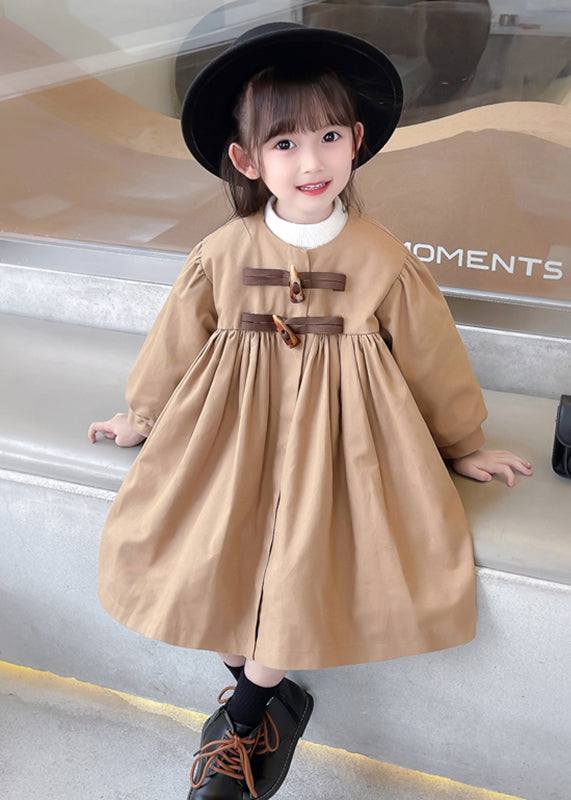 Classy Khaki Wrinkled Button Bow Patchwork Cotton Baby Trench Fall