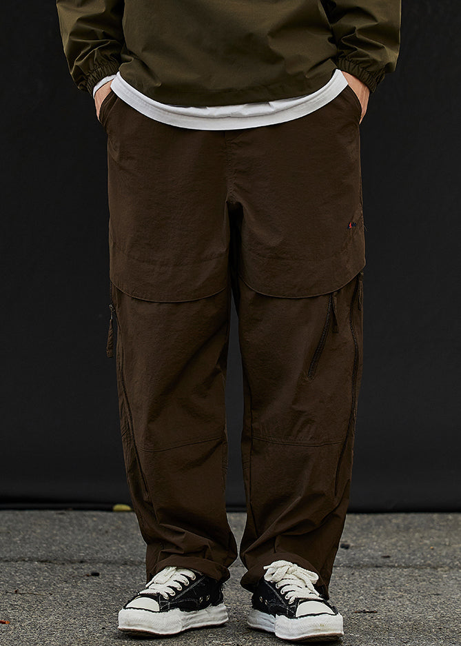 Classy Khaki Zip Up Elastic Waist Patchwork Cotton Beam Pants Spring