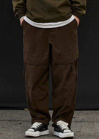 Classy Khaki Zip Up Elastic Waist Patchwork Cotton Beam Pants Spring