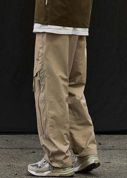 Classy Khaki Zip Up Elastic Waist Patchwork Cotton Beam Pants Spring