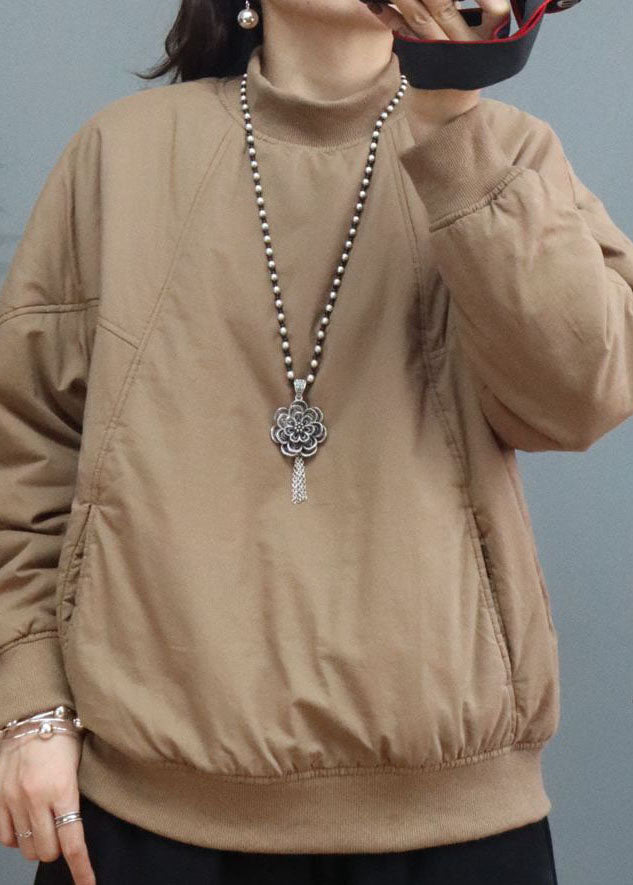 Classy Khaki Thick Fine Cotton Filled Sweatshirt Street Wear Winter