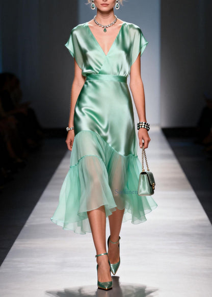 Classy Light Green V Neck Asymmetrical Patchwork Silk Dresses Summer