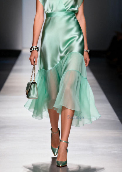 Classy Light Green V Neck Asymmetrical Patchwork Silk Dresses Summer