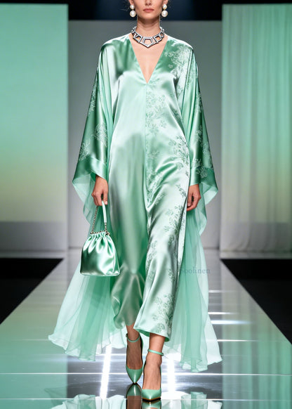 Classy Light Green V Neck Print Silk Long Dress Spring