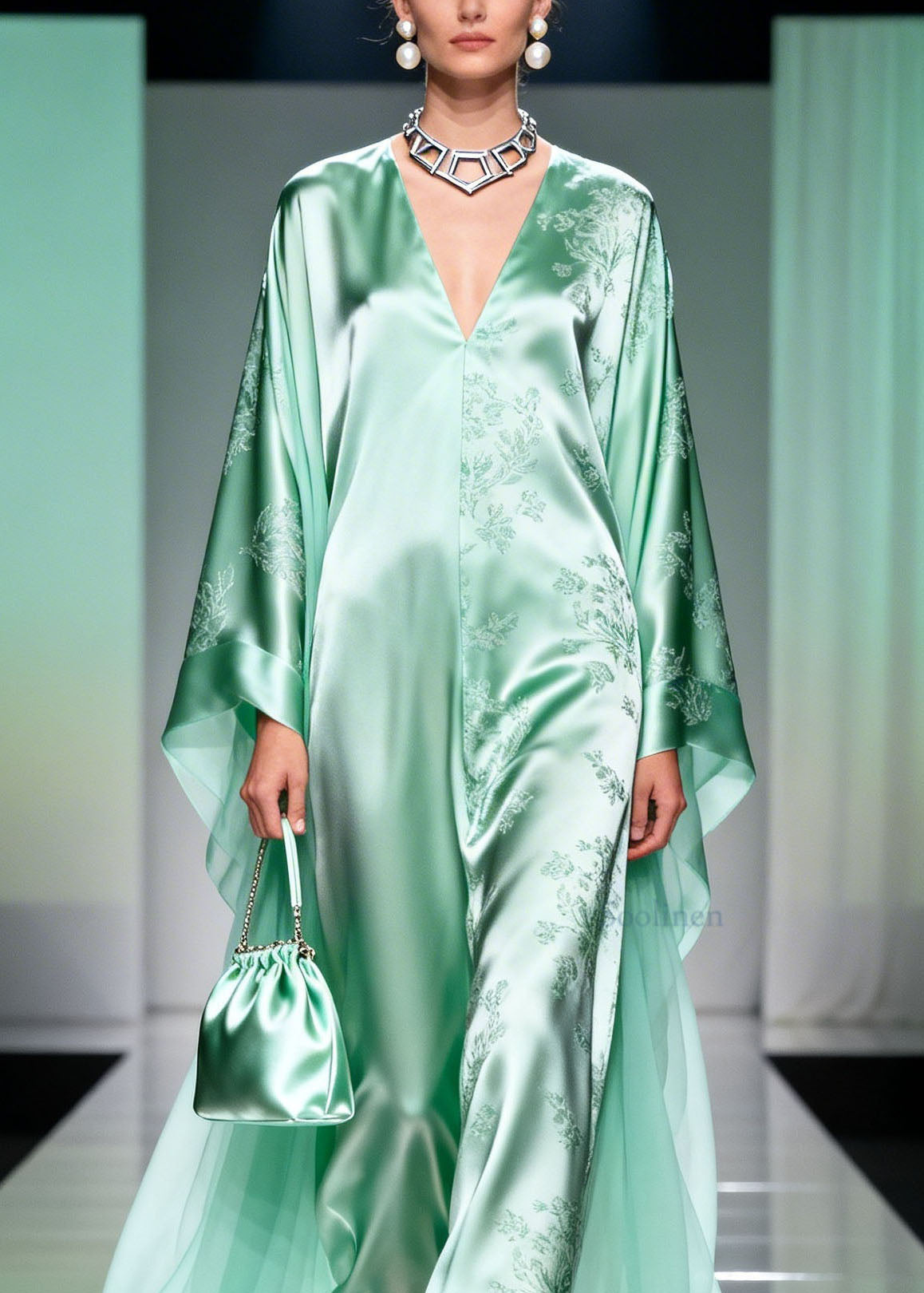 Classy Light Green V Neck Print Silk Long Dress Spring