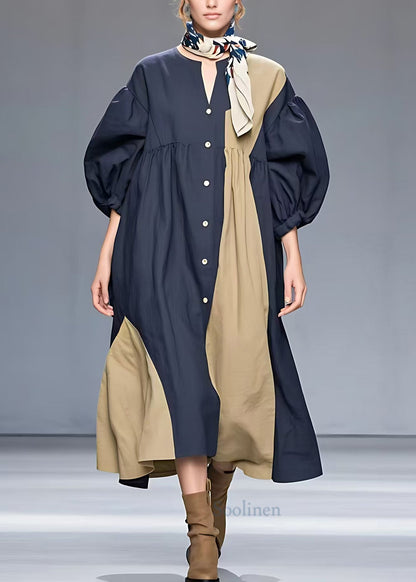 Classy Navy O-neck Patchwork Cotton Dress Half Sleeve