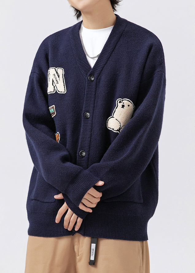 Classy Navy V Neck Pockets Applique Knit Coats Spring