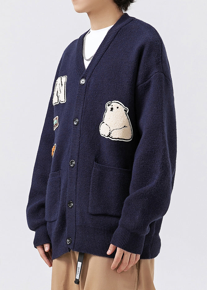 Classy Navy V Neck Pockets Applique Knit Coats Spring
