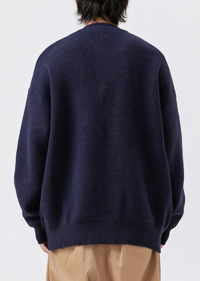 Classy Navy V Neck Pockets Applique Knit Coats Spring