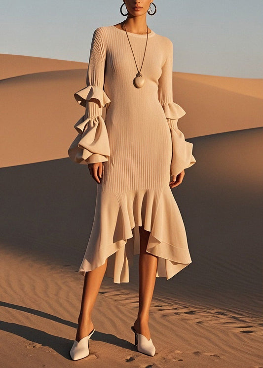 Classy O-neck Ruffled Patchwork Knit Dress Spring