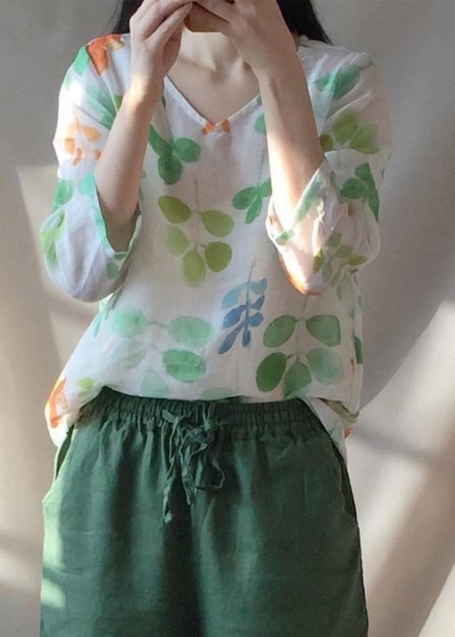 Classy O neck Blouses For Women Shape Green Leaf Print Shirts