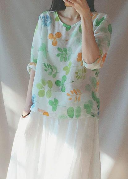 Classy O neck Blouses For Women Shape Green Leaf Print Shirts
