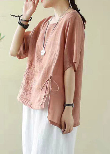 Classy Orange O-neck Embroideried Drawstring Low High Design Cotton Tops Short Sleeve