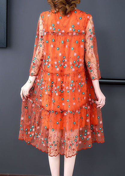 Classy Orange O-neck Embroideried Tulle Vacation Dresses Bracelet Sleeve