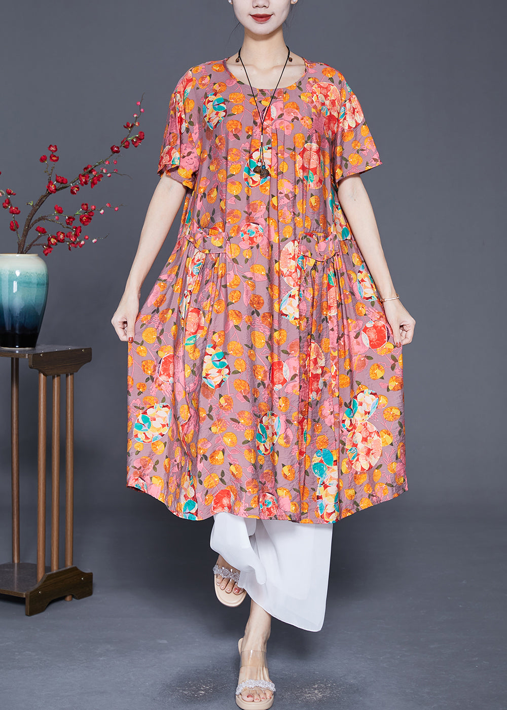Classy Orange O-neck Print Linen Long Dress Summer