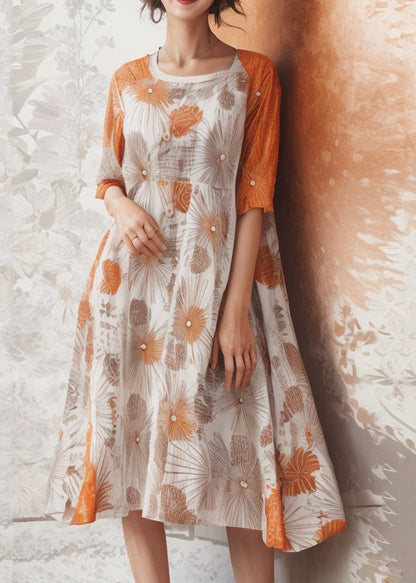 Classy Orange U Neck Print Silk Dress Summer