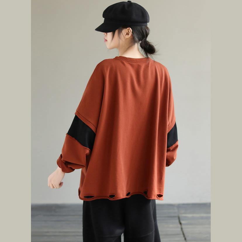 Classy Orange cotton Tunic Top Patchwork loose Sweatshirt