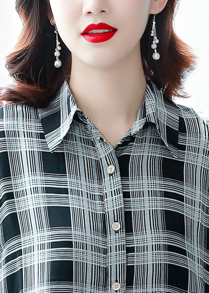 Classy Peter Pan Collar Button Wrinkled Plaid Chiffon Blouses Half Sleeve