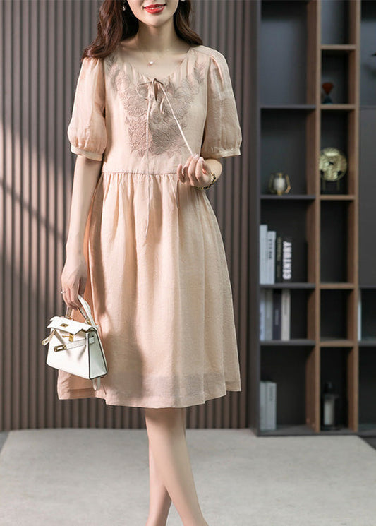 Classy Pink O-neck Embroideried Linen Maxi Dresses Summer