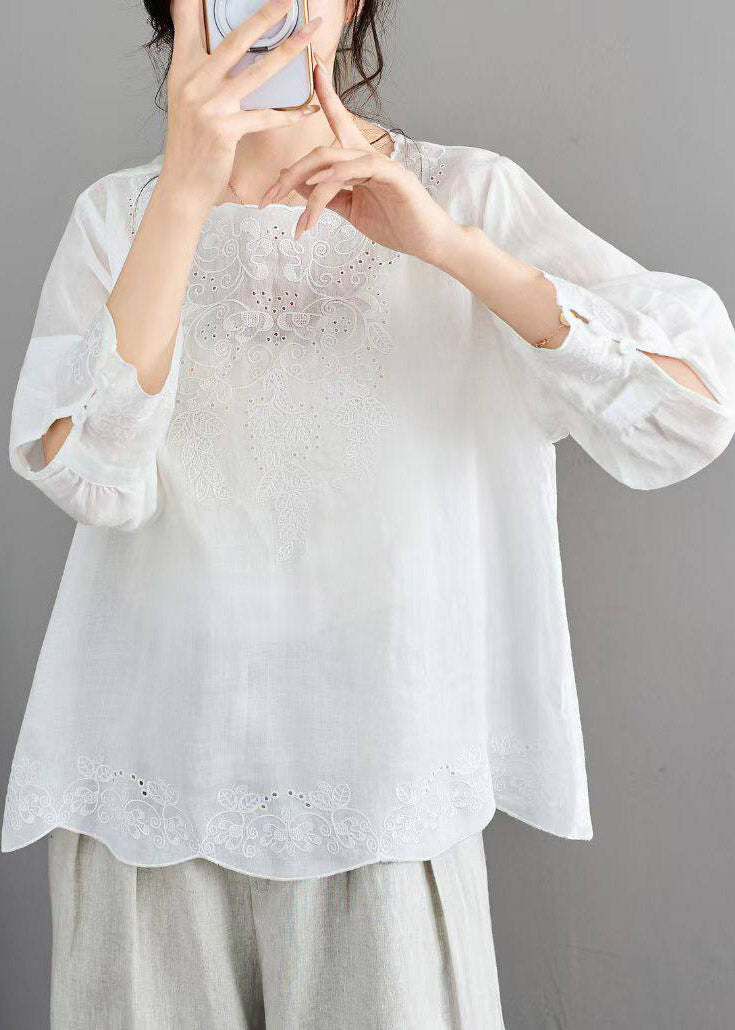 Classy Pink O-neck Hollow Out Embroidered Linen Shirt Fall