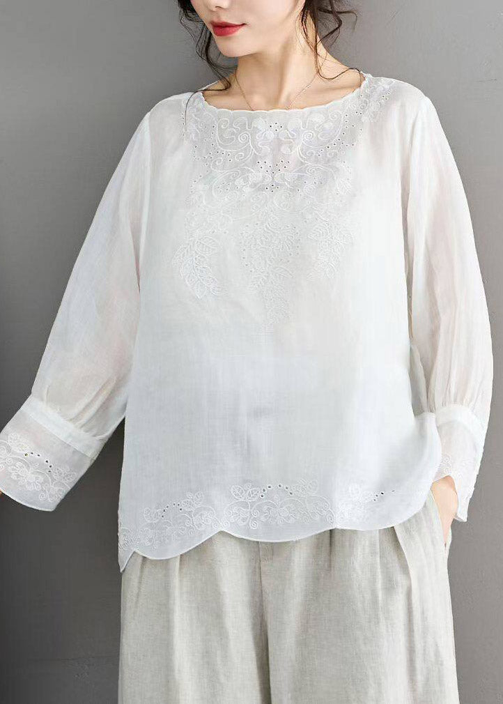 Classy Pink O-neck Hollow Out Embroidered Linen Shirt Fall