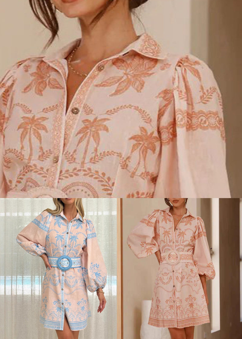 Classy Pink Peter Pan Collar Print Sashes Linen Shirts Dress Spring