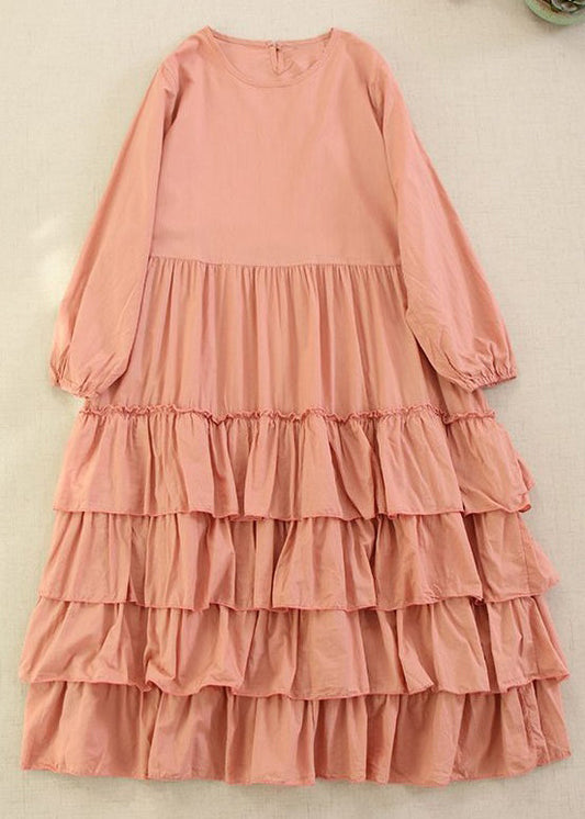 Classy Pink O-neck Ruffled Cotton Long Dress Long Sleeve