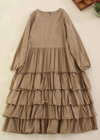 Classy Pink O-neck Ruffled Cotton Long Dress Long Sleeve