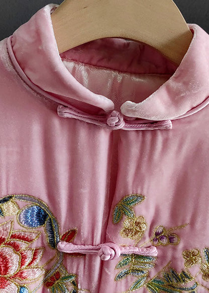 Classy Pink Stand Collar Print Patchwork Silk Velour Outwear Spring