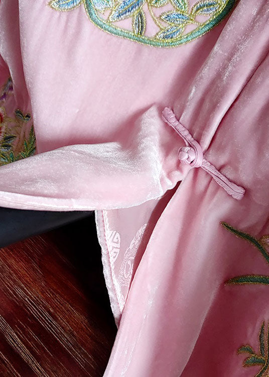 Classy Pink Stand Collar Print Patchwork Silk Velour Outwear Spring