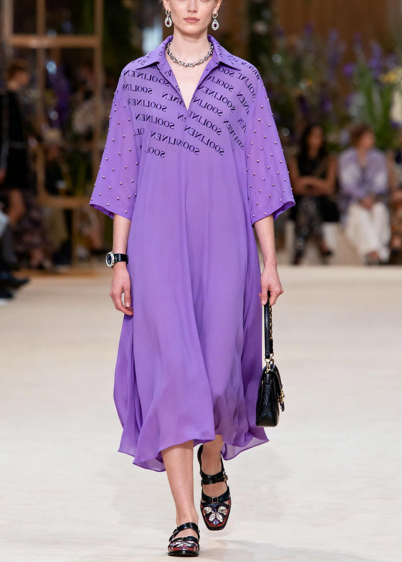 Classy Purple Peter Pan Collar Chiffon Long Dress Spring