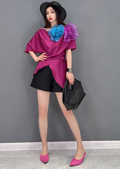 Classy Purple Red Asymmetrical Design Silk Shirt Vestidos Short Sleeve
