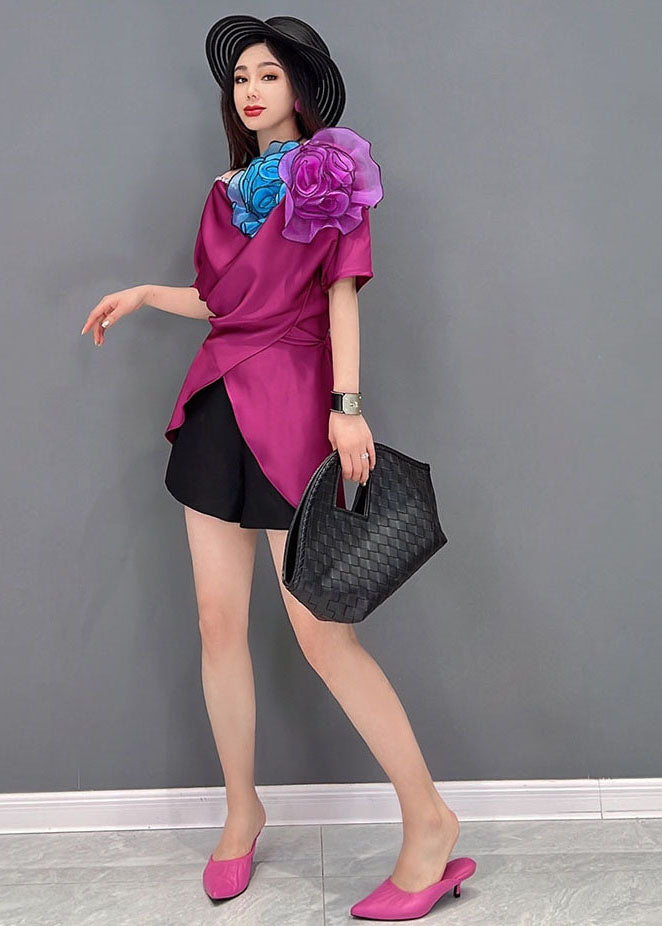 Classy Purple Red Asymmetrical Design Silk Shirt Vestidos Short Sleeve