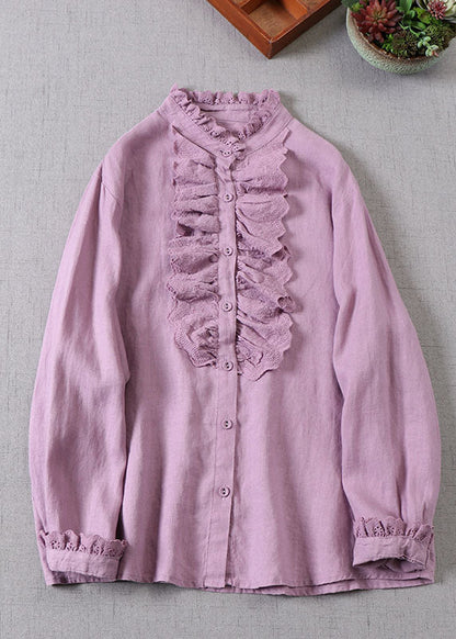 Classy Purple Ruffled Button Linen Shirt Spring