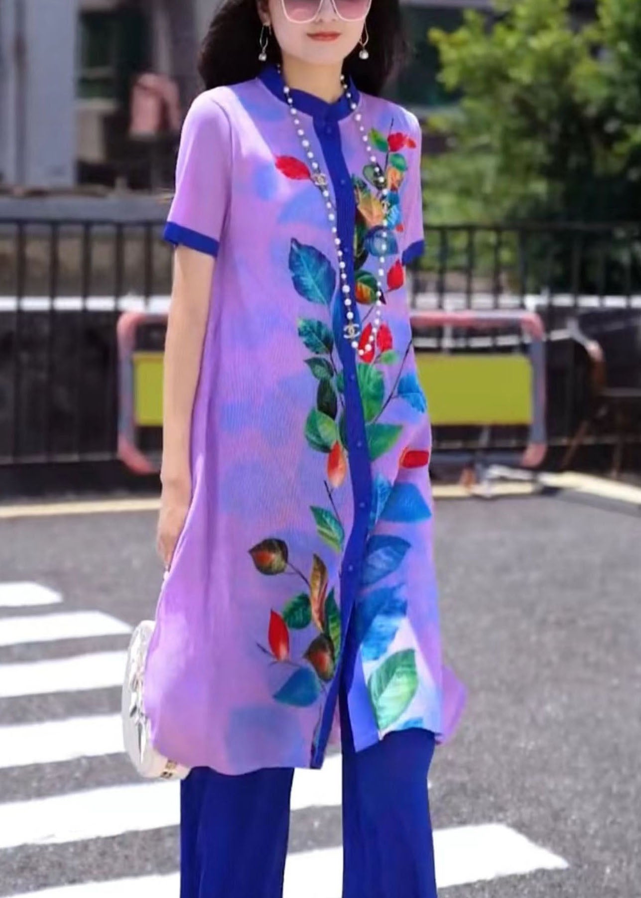 Classy Purple Stand Collar Print Button Draping Silk Long Shirts and Straight Pants Two Piece Set Short Sleeve