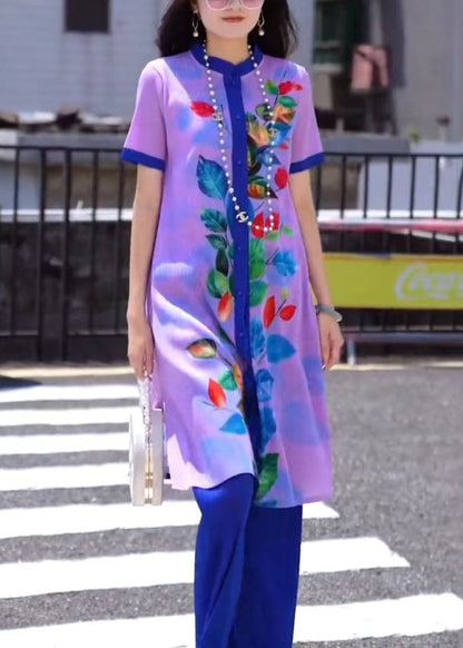 Classy Purple Stand Collar Print Button Draping Silk Long Shirts and Straight Pants Two Piece Set Short Sleeve