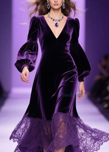 Classy Purple V Neck Lace Patchwork Velvet Dress Spring