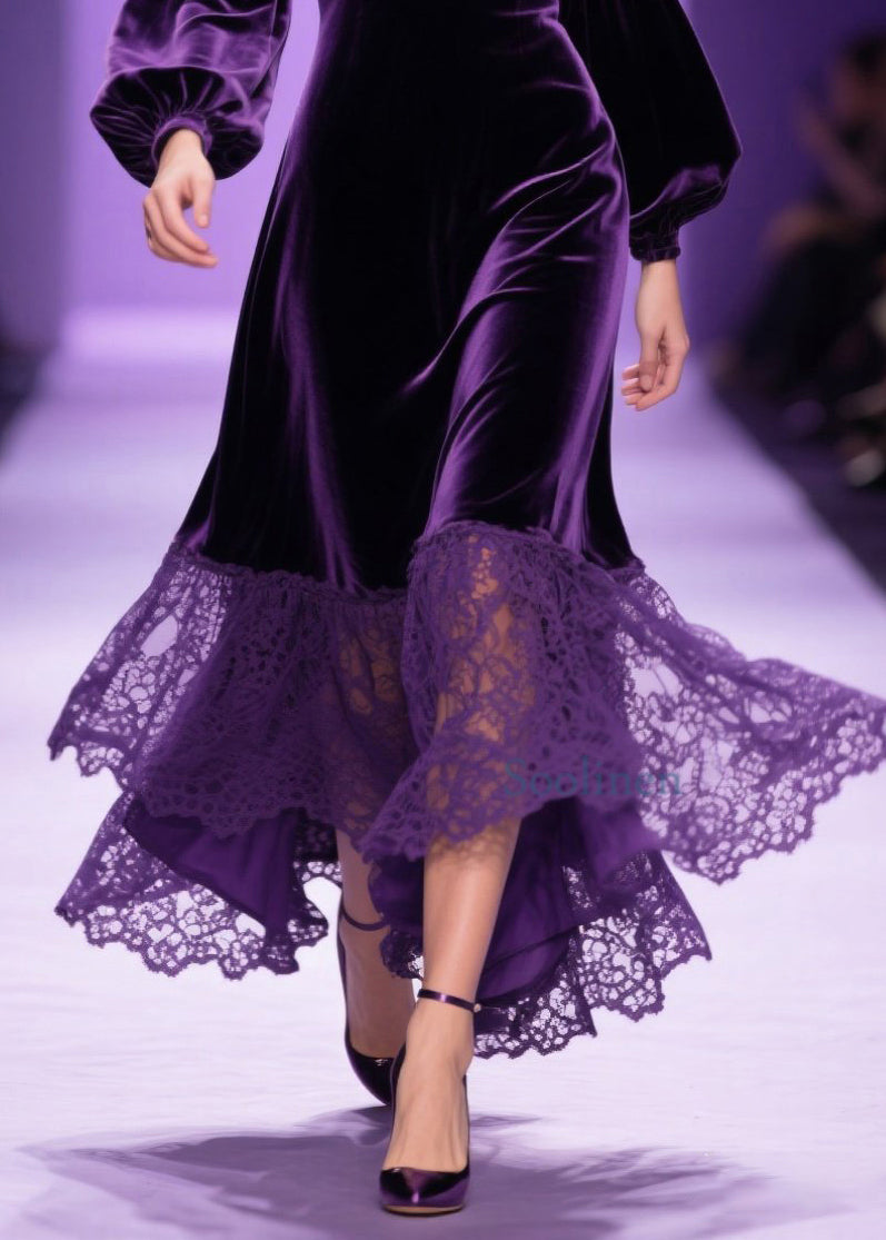 Classy Purple V Neck Lace Patchwork Velvet Dress Spring