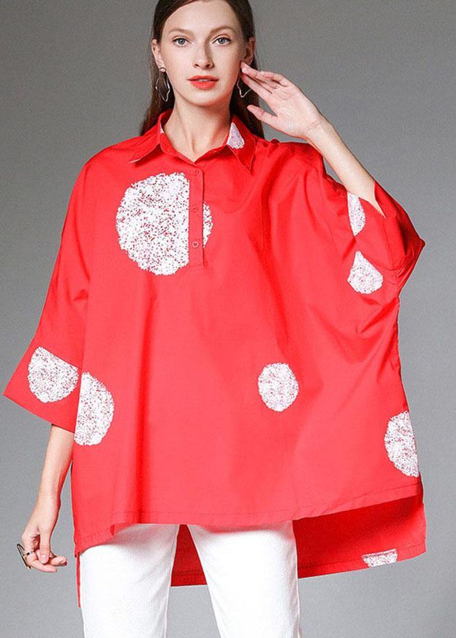 Classy Red Bat Wing Sleeve Dot Low High Design Fall Cotton Shirt Tops