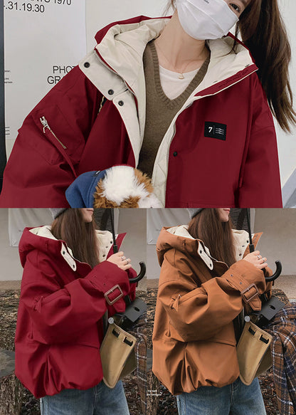 Classy Red Hooded Pockets Fine Cotton Filled Parkas Winter